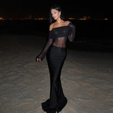 Vestido largo de otoño elegante ajustado con hombros descubiertos de malla